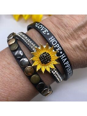 Love, Hope, Happiness Black Leather Bracelet with Sparkling Sunflower Snap! 🌻
